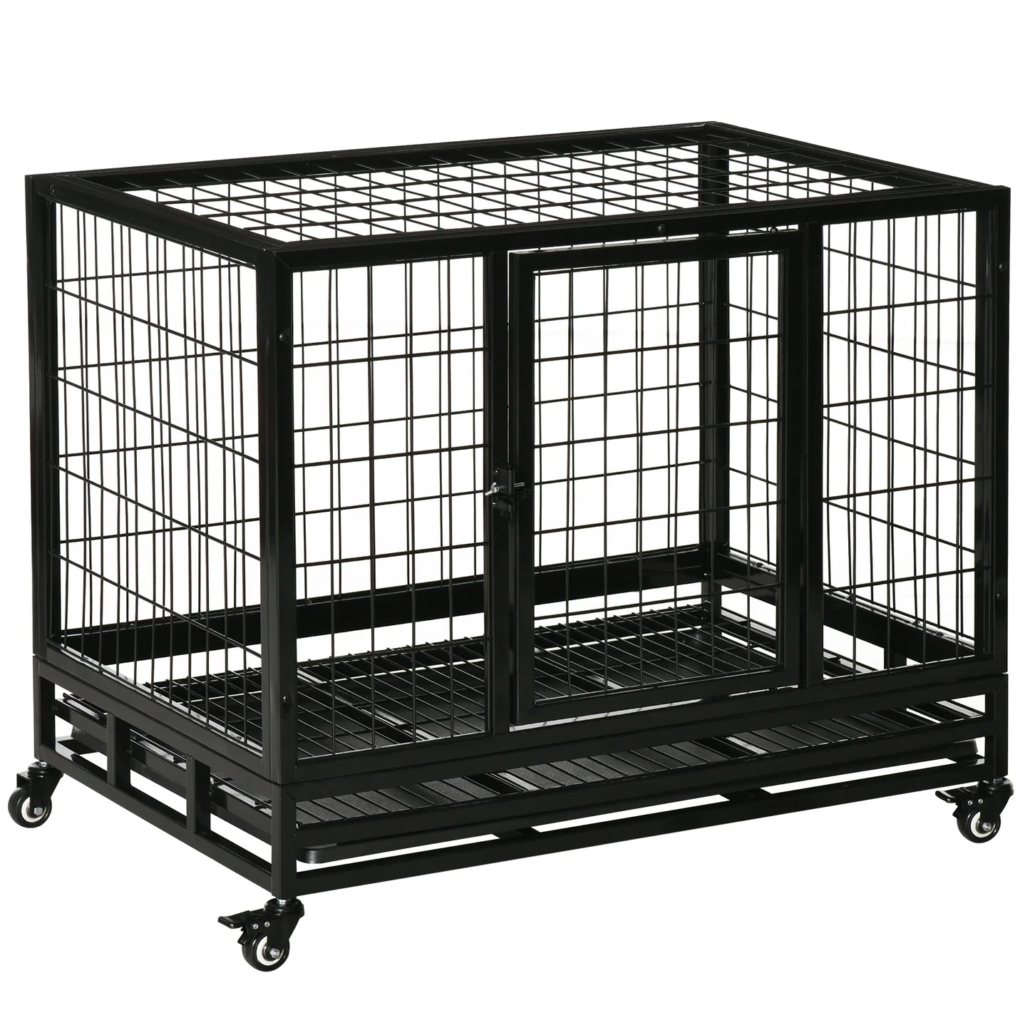 Hondenbench – Metalen Bench – Hondenkooi – Hondenhok – Robuust Gepoedercoat Staal – Max 50 Kg – Met Wieltjes - 92 x 62 x 75cm - Zwart - QUORE