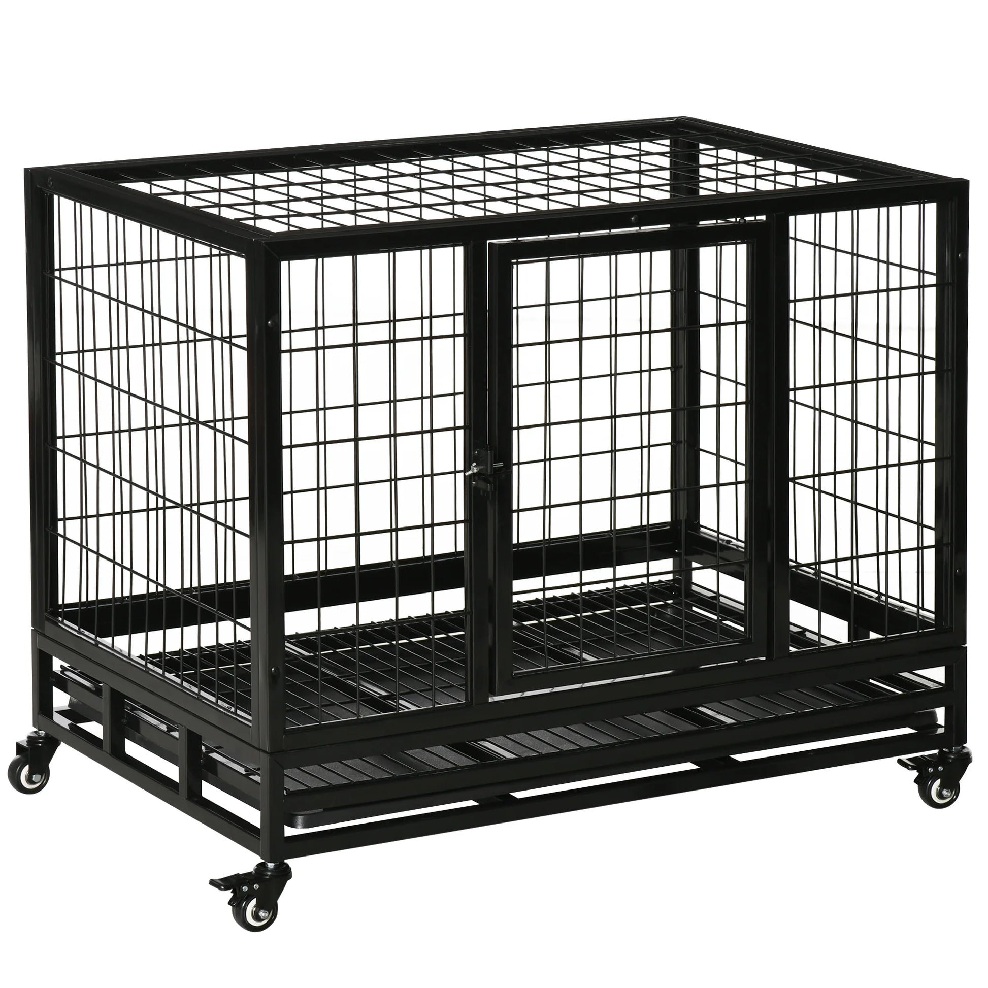 Hondenbench – Metalen Bench – Hondenkooi – Hondenhok – Robuust Gepoedercoat Staal – Max 50 Kg – Met Wieltjes - 92 x 62 x 75cm - Zwart - QUORE