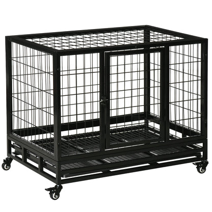 Hondenbench – Metalen Bench – Hondenkooi – Hondenhok – Robuust Gepoedercoat Staal – Max 50 Kg – Met Wieltjes - 92 x 62 x 75cm - Zwart - QUORE