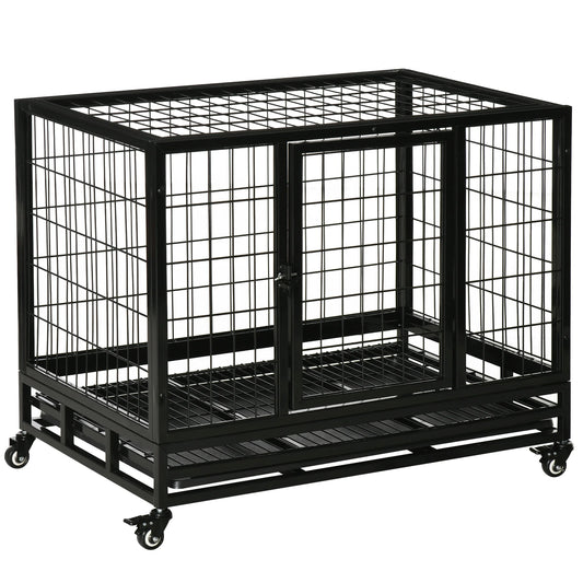 Hondenbench – Metalen Bench – Hondenkooi – Hondenhok – Robuust Gepoedercoat Staal – Max 50 Kg – Met Wieltjes - 92 x 62 x 75cm - Zwart - QUORE