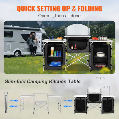 Camping Keukentafel - Camping Keuken - Kampeerkeuken - Buiten Keukentafel - Klaptafel - met Opbergkast - Kookstation - Aluminium Frame - met Opbergkast - voor BBQ - Picknick - Camping - Zwart