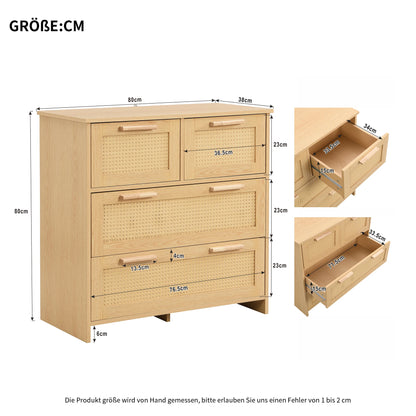 Kast – Opbergkast – Rieten Kast – Meubel – Ladenkast – MDF En Massief Hout – 4 Diepe Lades - 80 x 80 x 38 cm - Houtkleur