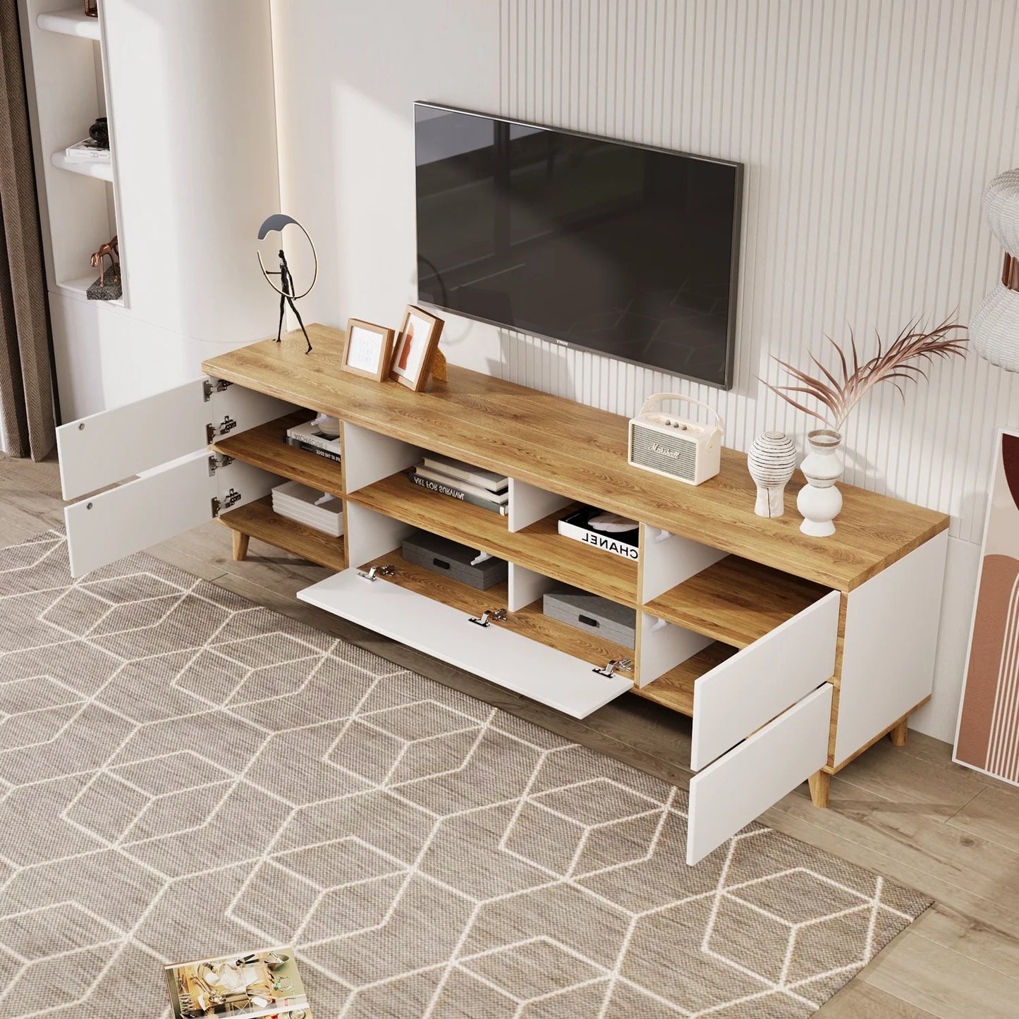 TV Meubel – TV Kast – Lowboard – TV Dressoir – Woonkamer Meubel – Wit & Hout – Ruime Opbergruimte – Geschikt Voor 40-49 Inch Televisies