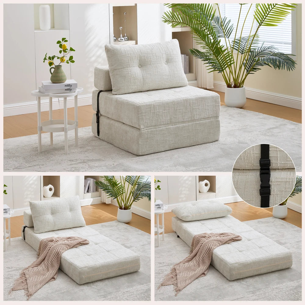 Opvouwbare Sofa Bed – Slaapbank – Logeerbed – Bedbank – Loungebank – Compact En Lichtgewicht – Comfortabele Rugleuning Met Kussen – Beige