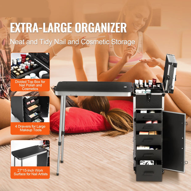 Make-up Box - Make-up Organizer - Make Up Set - Opbergdoos - Extra Groot - Make-up Cosmetica - Opbergmogelijkheid voor Make-up - met Handvat en Werkbank - Zwart