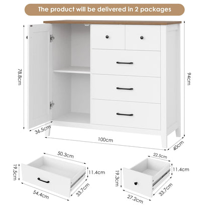 Sideboard – Dressoir – Buffetkast – Keukenkast – Halmeubel – Wit Met Bruine Accenten – 5 Laden en 1 Deur – Duurzaam MDF – Ruim Werkblad 100x40 cm