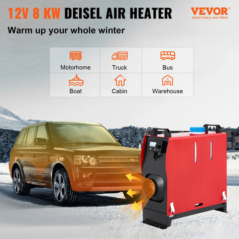 Vevor - Dieselkachel - Elektrische kachel - Kachel en ventilatoren - Benzineluchtkachel - Met afstandsbediening - 12V - 8KW - Rood