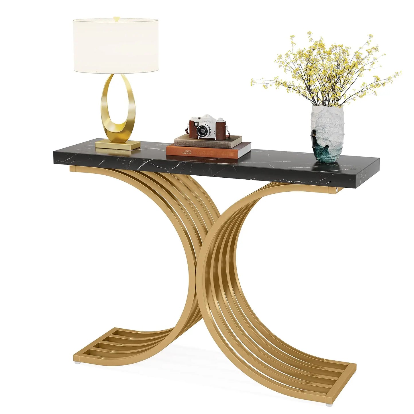 Sidetable – Haltafel – Bijzettafel – Smalle Tafel – Neoklassiek Design – Massief Houten Blad – Metalen Frame - QUORE