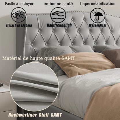Velvet Bed – Slaapbed – Opbergbed – Bed Met Laden – Scandinavisch Bed – Ruime Opberglade – Stevig Houten Frame - Lichtgrijs - 140 x 200 cm