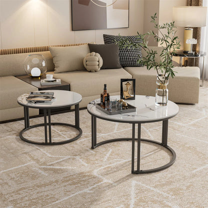 Ronde Salontafel Set – Woonkamer Tafel – Nesting Tafels – Bijzettafels – Koffietafels – Aluminium Frame – Gesinterd Steenblad Jadewit – Ruimtebesparend Design