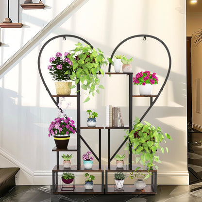 Plantenstandaard - Plantentafel - Plantenrek - Plantenzuil - 2-Pack Halve Hartvormige - Metalen - 6-Lagen Displayrek met Haken voor Binnen & Buiten