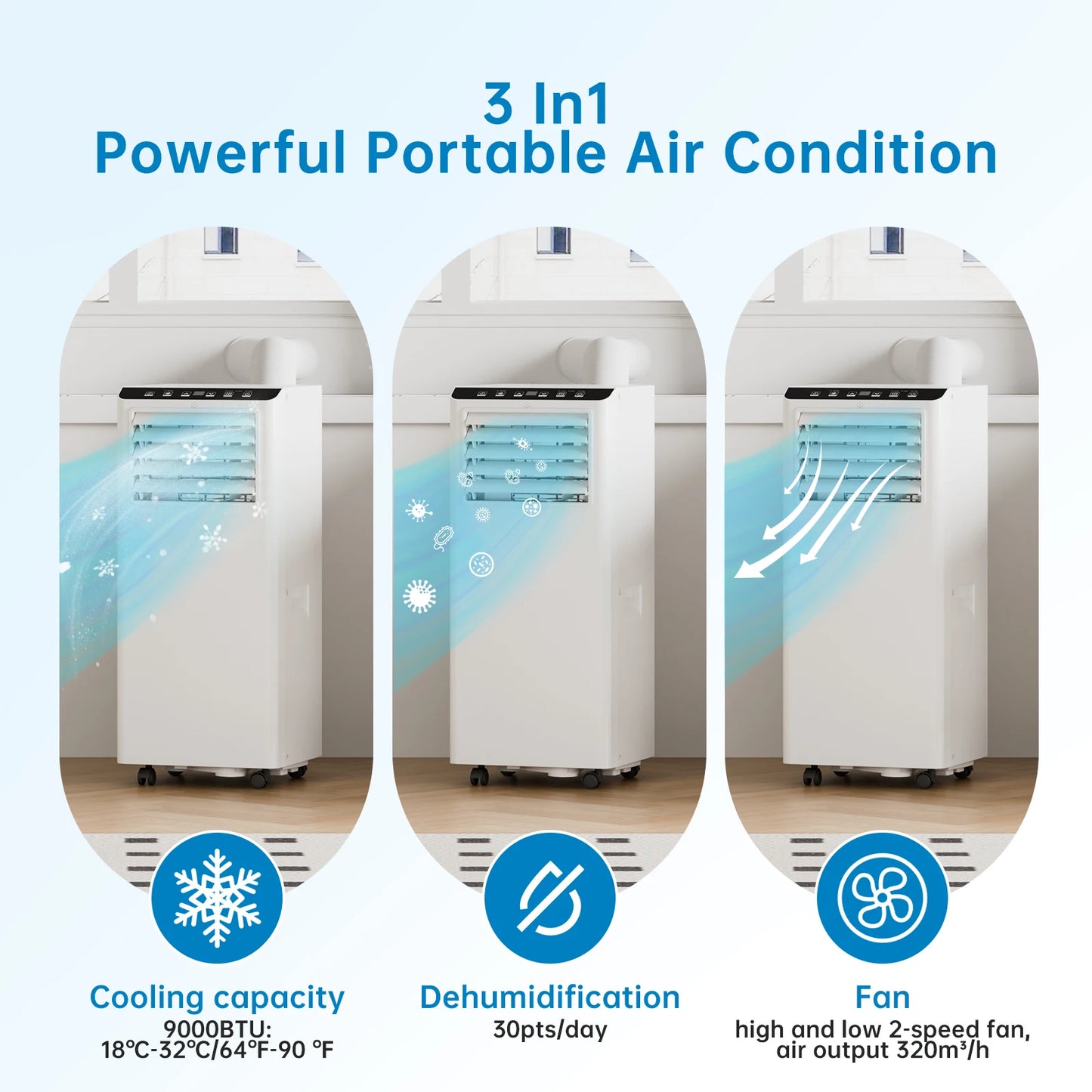 Mobiele Airconditioner – Draagbare Airco – Verplaatsbare Airconditioner – 4-in-1 Airco – 9000 BTU Koelen – Stil Met Timer