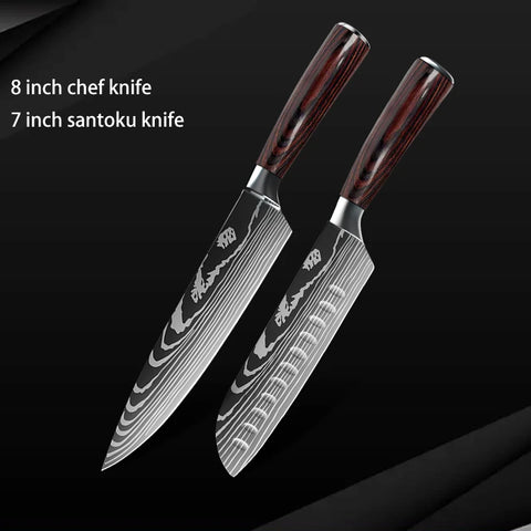 Keukenmessen - Knife set - Chef Knife - Knives - Kitchen Knife - Roestvrij staal met hoog koolstofgehalte - Damascus-tekening - Hakmesset - Santoku-koksmes - 7stuks