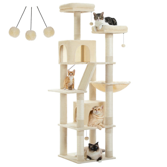 Kattenboom - Kitten Krabpaal - Sisal Krabpalen - Krabpaal - Katten Klimmuur - Krabplanken - Arbre a Chat - Hangmat & Speeltjes - Meerdere Verdiepingen - met Pluche Kattenhuisjes - 180cm - Beige