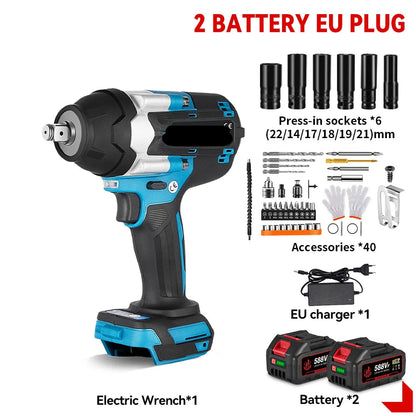 Slagmoersleutel - Slagschroevendraaier - Slagmoermachine -  Slagmoersleutel met Accu - Slagmoersleutel Elektrisch -  1800NM - 1/2" - Draadloze Impact Schroevendraaier met 2 Batterijen, EU-Stroomadapter en 44-delige Accessoireset