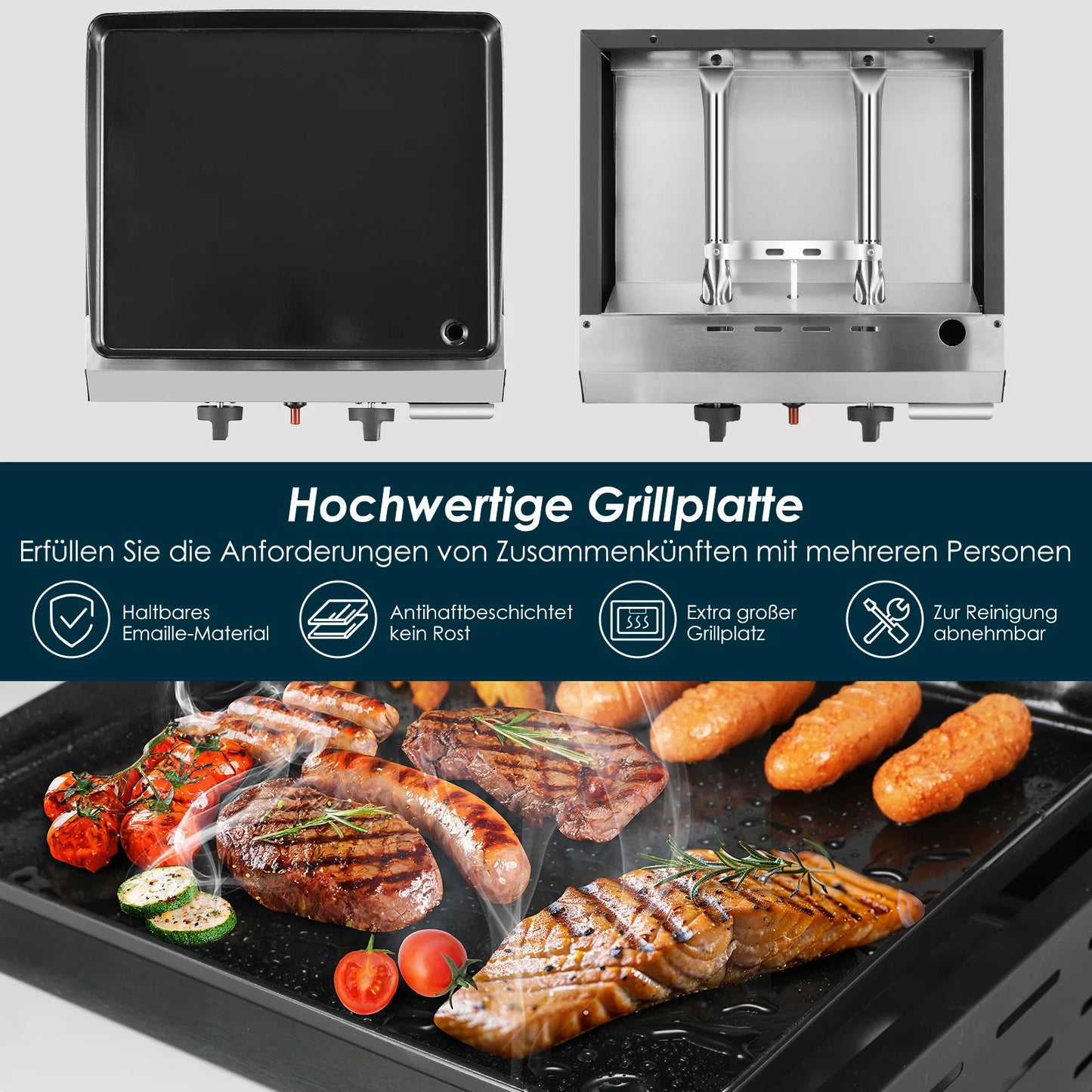 3-Pits Gasbarbecue – Compacte Grill – Tafelbarbecue – Buitenbarbecue – Gietijzeren Grillplaat 57x36 Cm – Roestvrijstalen Branders – Inklapbare Poten