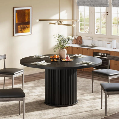 Ovale Eettafel – Ronde Tafel – Landelijke Eetkamertafel – Houten Tafel – Eettafel 6 Personen – Stevig Cilindervormig Onderstel – Duurzaam Houten Blad Zwart