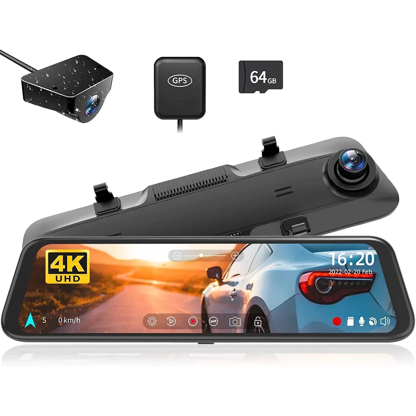 Dashcam Spiegel - Dashcam voor Auto – 12" - Touchscreen - GPS Navigatie – 24K - Achtercamera – Nachtzicht – Parkeermodus – WDR – 170° Groothoek - QUORE