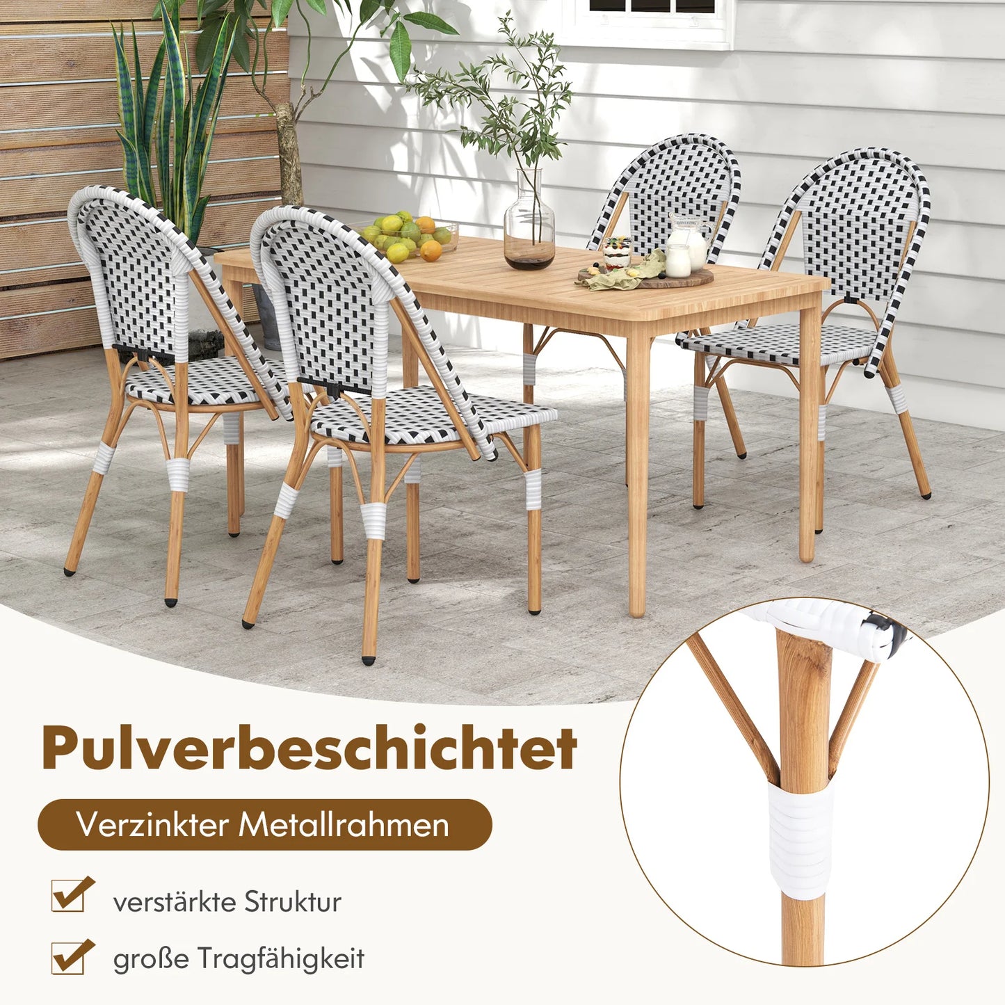 Set van 2 Rattan Tuinstoelen – Balkonstoelen Zonder Armleuningen – Verzinkt Metalen Frame – Geschikt voor Tuin, Keuken of Terras