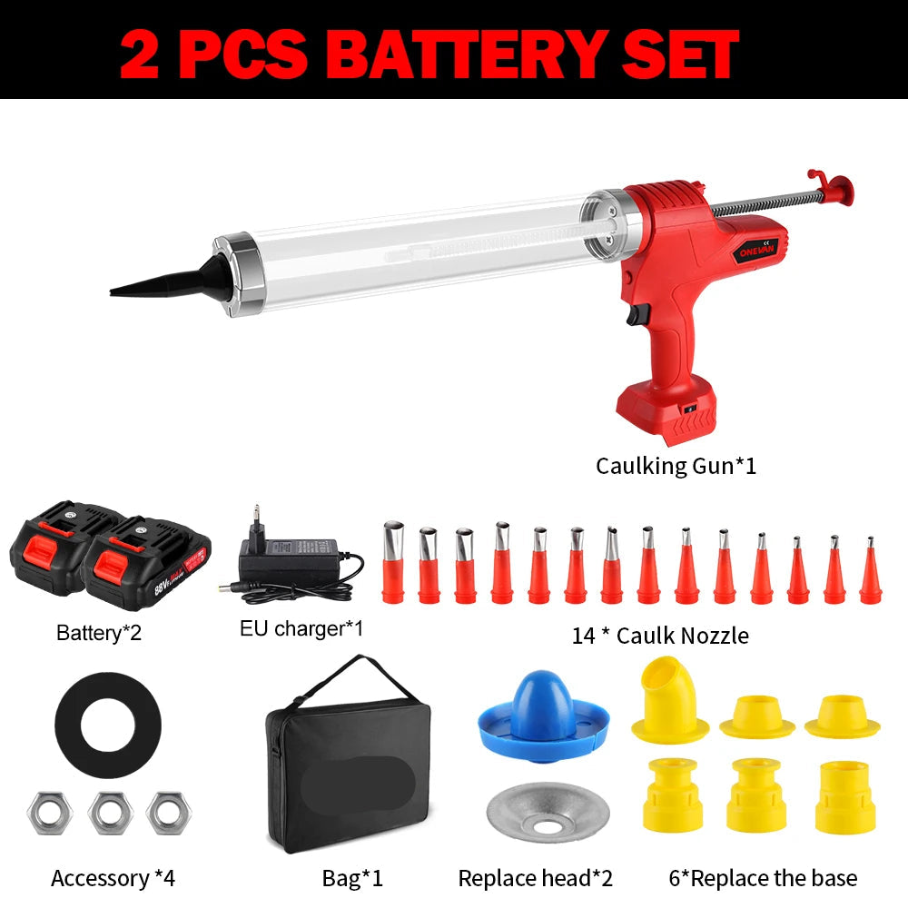 Elektrisch Kitpistool - Accu Kitspuit - Lijmpistool - 6 Snelheden - 18V - Voor Glas - Rubber & Kit - Meerdere Toepassingen - Inclusief 14 Nozzles - 2 Accu - QUORE