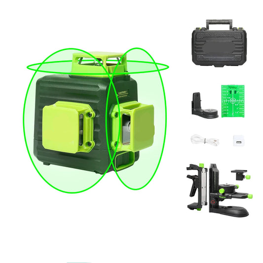 3D Kruislijnlaser - Bouwlaser - Rotatielaser - Laserliner - Laser - 12 Lijnen - Zelfnivellerende - Groene Straal – Li-ion Batterij & Type-C Oplaadpoort – Inclusief Draagkoffer