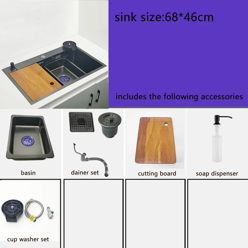 Nano Kitchen Sink Matte Black Above Mount Washing Basin with chopping board 304 Stainless Steel Single black kitchen sink