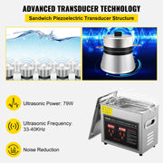 Vevor - Ultrasonic cleaner - Stainless steel - Portable - 33-40 kHz - 220V - Cleaning device for jewelry and glasses - Capacity 3L - Silver