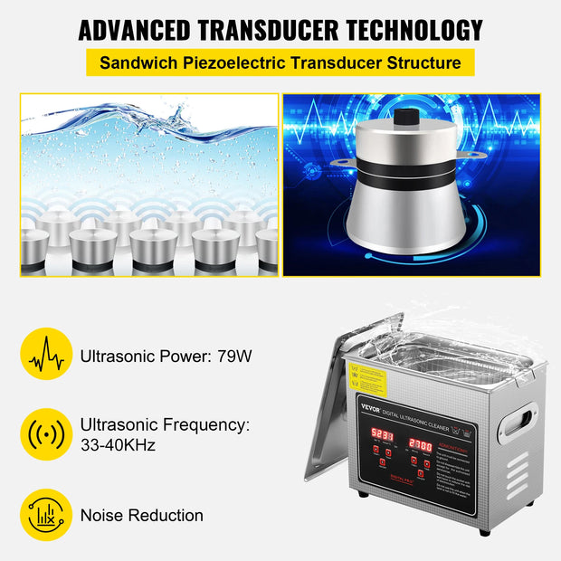 Vevor - Ultrasonic cleaner - Stainless steel - Portable - 33-40 kHz - 220V - Cleaning device for jewelry and glasses - Capacity 3L - Silver