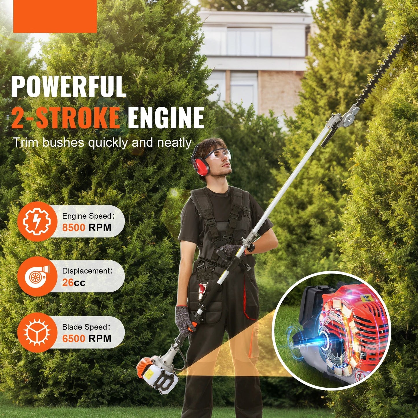 Vevor - Hedge Trimmer - 5-in-1 Multifunctional Trimming Tool - Gas Hedge Trimmer - Weed Eater/String Trimmer/Chainsaw Pruner with Extension Bar - Orange