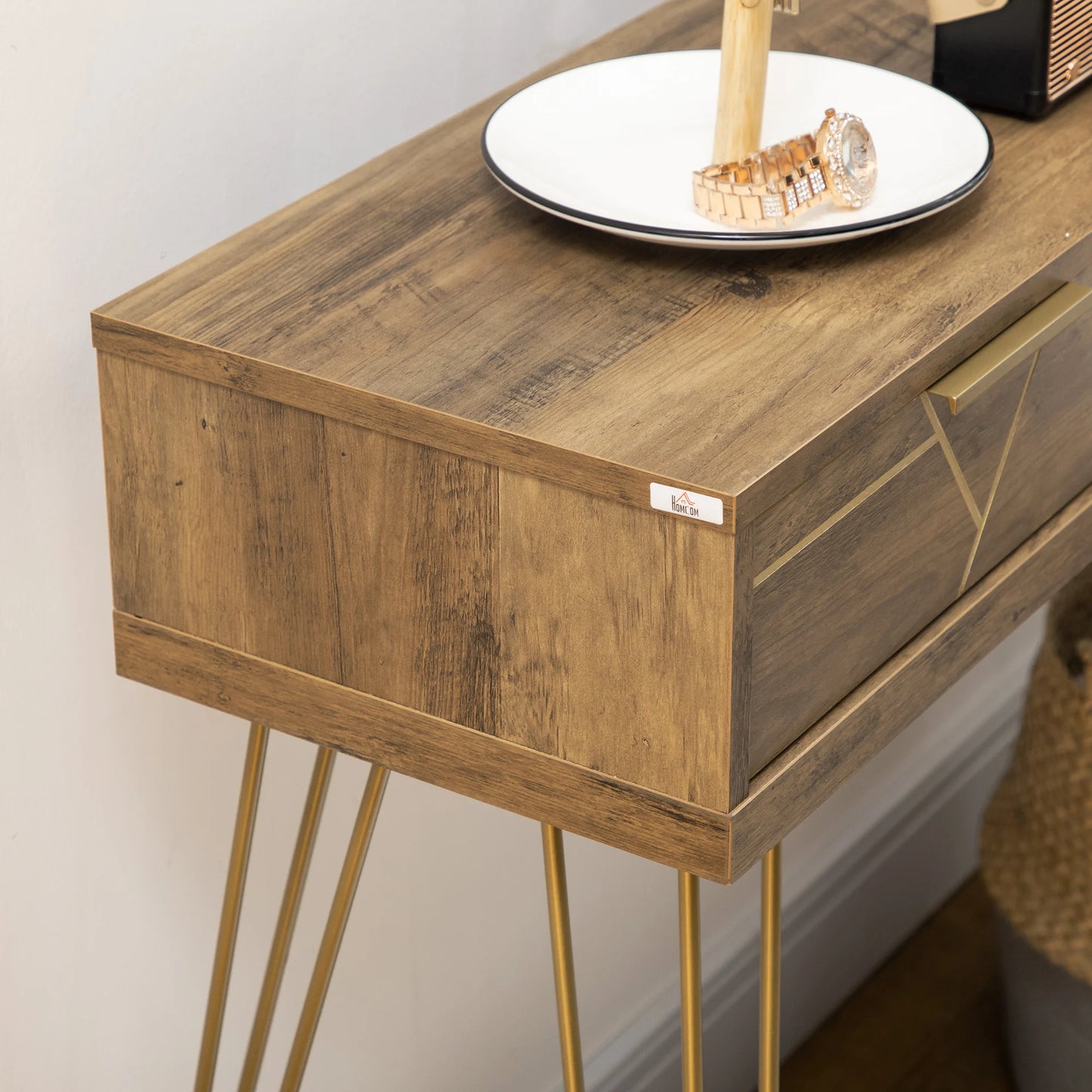 Consoletafel – Sidetable – Halmeubel – Opbergmeubel – Melamine Hout – Stalen Poten – Compact Formaat - 120 x 29 x 79 cm - Hout & Brons