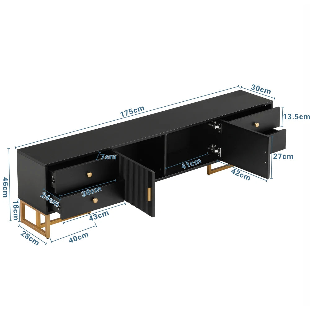 Tv-Meubel – Tv-Kast – TV-Meubel – Dressoir – Zwart Met Gouden Pootjes – Geschikt Voor Televisies Tot 79 Inch – Vier Lades En Centrale Kast - Wit
