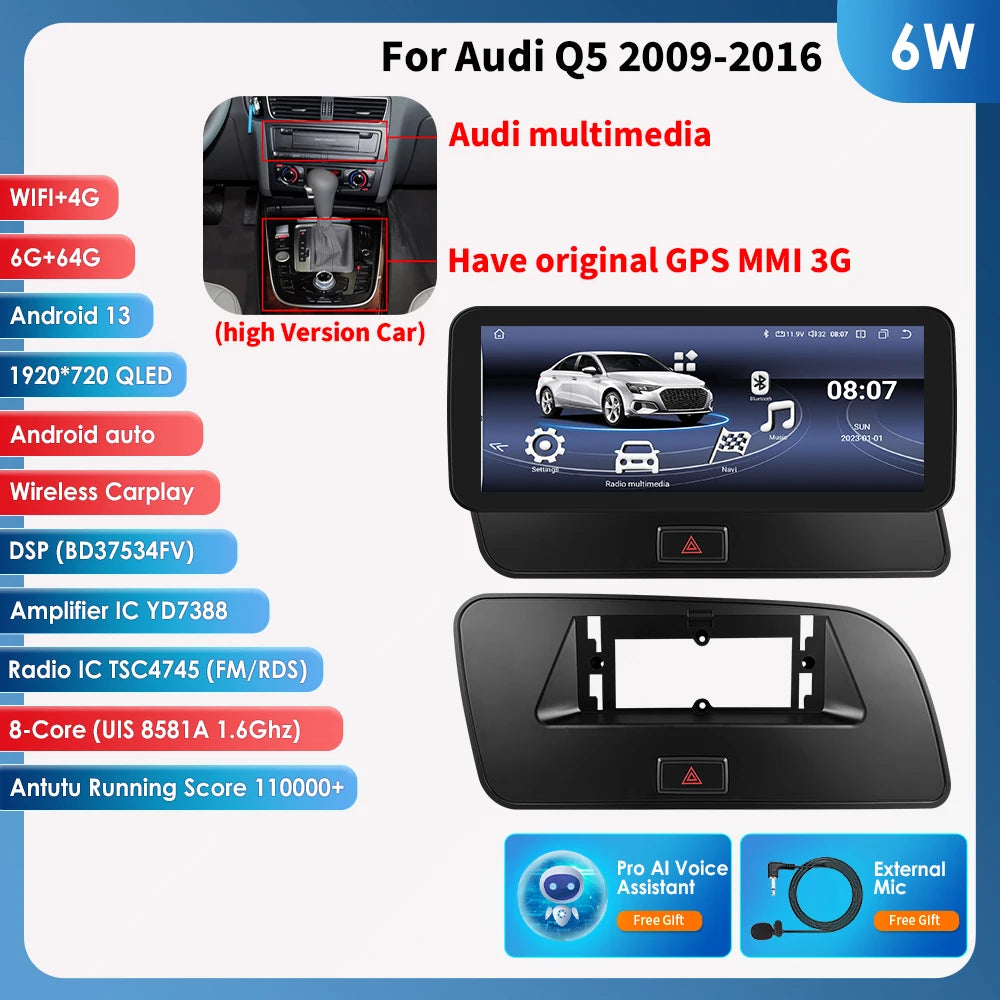 Hizpo AI Voice WIFI 4G-LTE Android 14Car Radio for Audi Q5 2009-2016 Multimedia Video Player GPS 2din BT Autoradio
