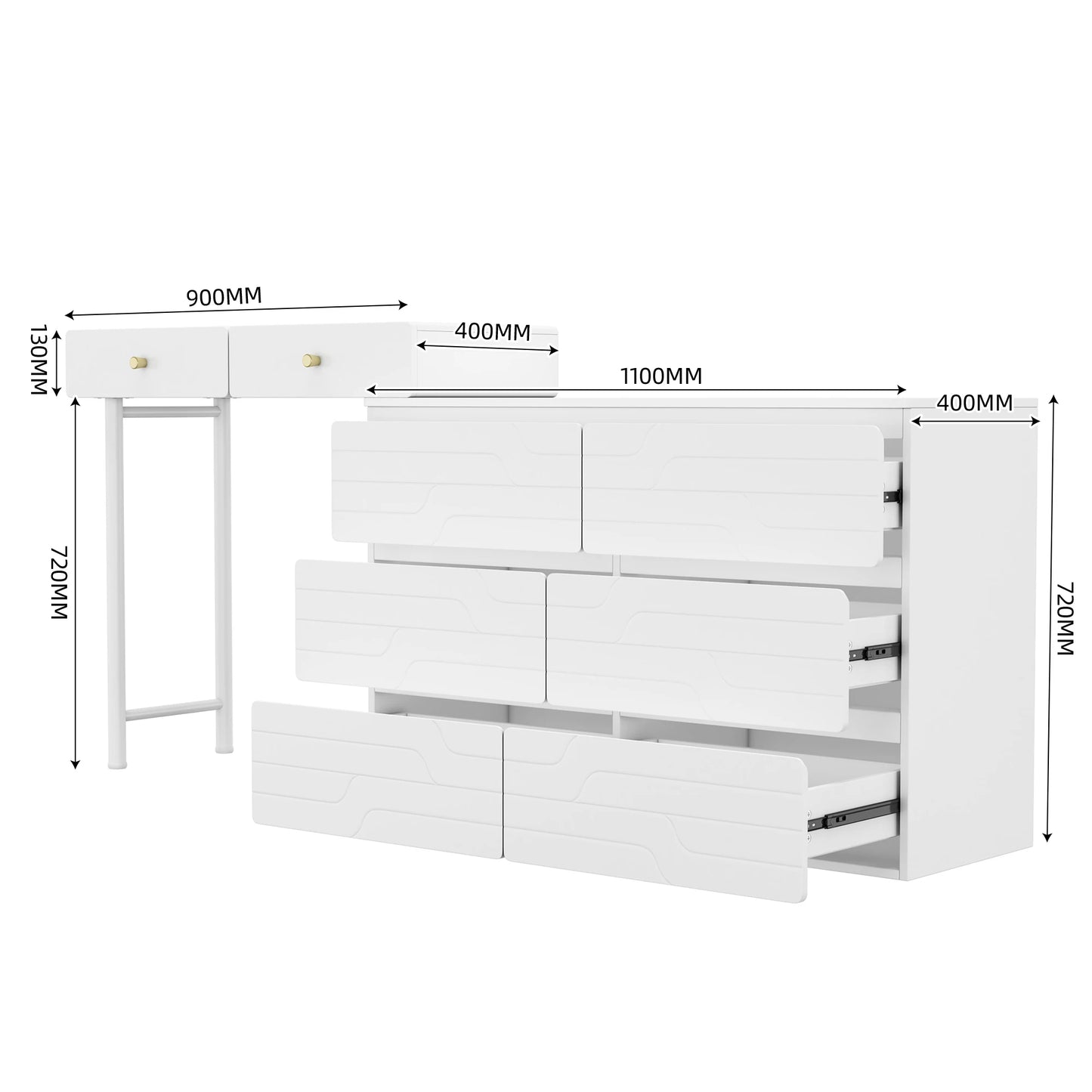 Kaptafel (Zonder Stoel en Spiegel) - Wit - Inclusief Uittrekbare Ladekast - Opbergkast 1804085cm - Drie Niveaus - Zes Lades - QUORE