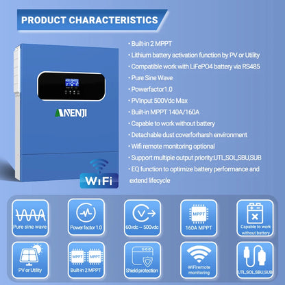 Hybride Omvormer – Zonne-Omvormer – Solar Inverter – Off-Grid Omvormer – 11kW 48V – Pure Sinus – Dubbele MPPT Ingangen met 160A Laadregelaar
