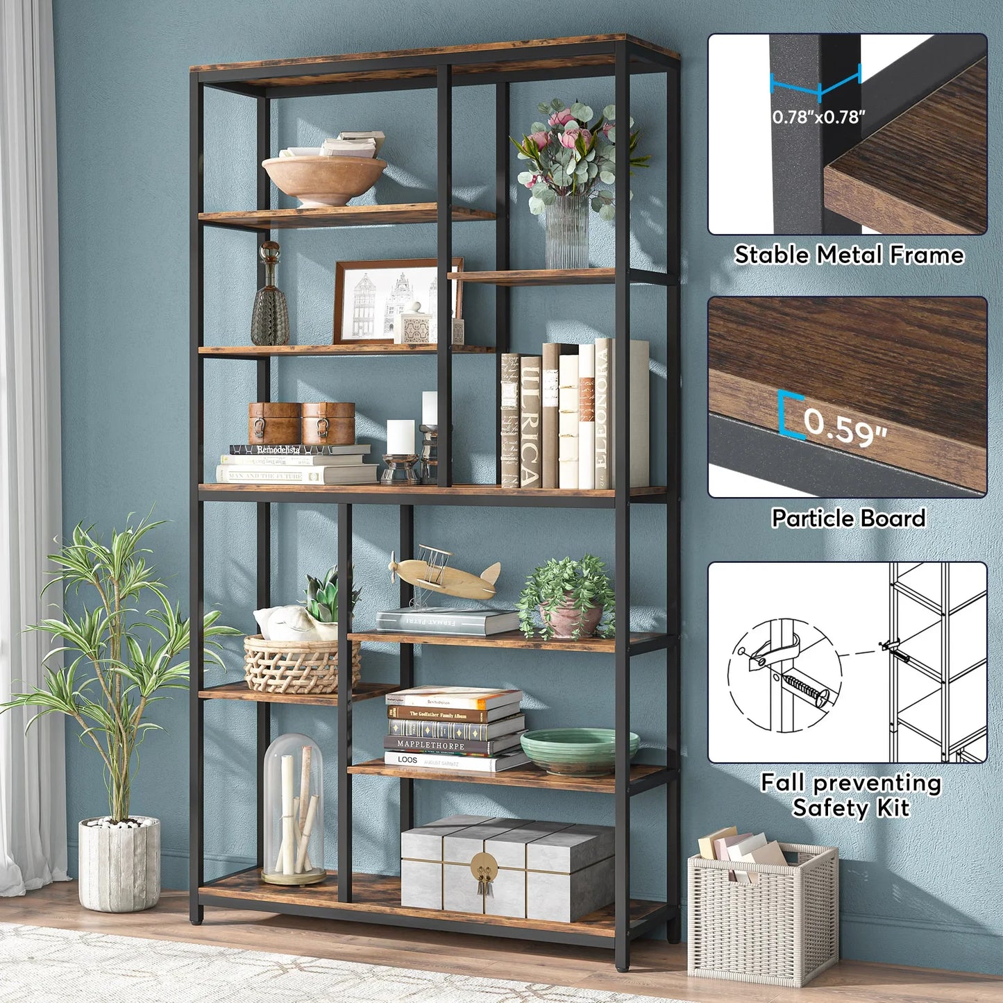 Boekenkasten - Boekenplanken - 9-Tier - Boekenkasten Hout – Vrijstaand Wandrek - met Metaalen Frame – Planken voor Boeken - Dossiers - Decoratie – Geschikt voor Woonkamer - Slaapkamer - Kantoor – 30.5 x 101.5 x 200  - Bruin