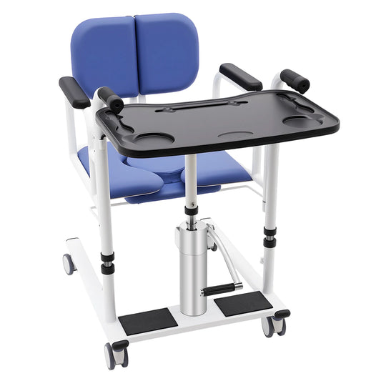 Transferstoel – Patiëntenstoel – Verplaatsingsstoel – Zorgstoel – Rolstoel – Hydraulische Hoogteverstelling – 150 kg Draagkracht – Blauw