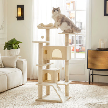 Krabpaal - voor Katten - Krabton - Hoge Kattenboom – 54inch - Multi-Level Krabpaal - Stabiele Kattenboom - Zacht en Knus - met Sisal en Huisjes - Beige