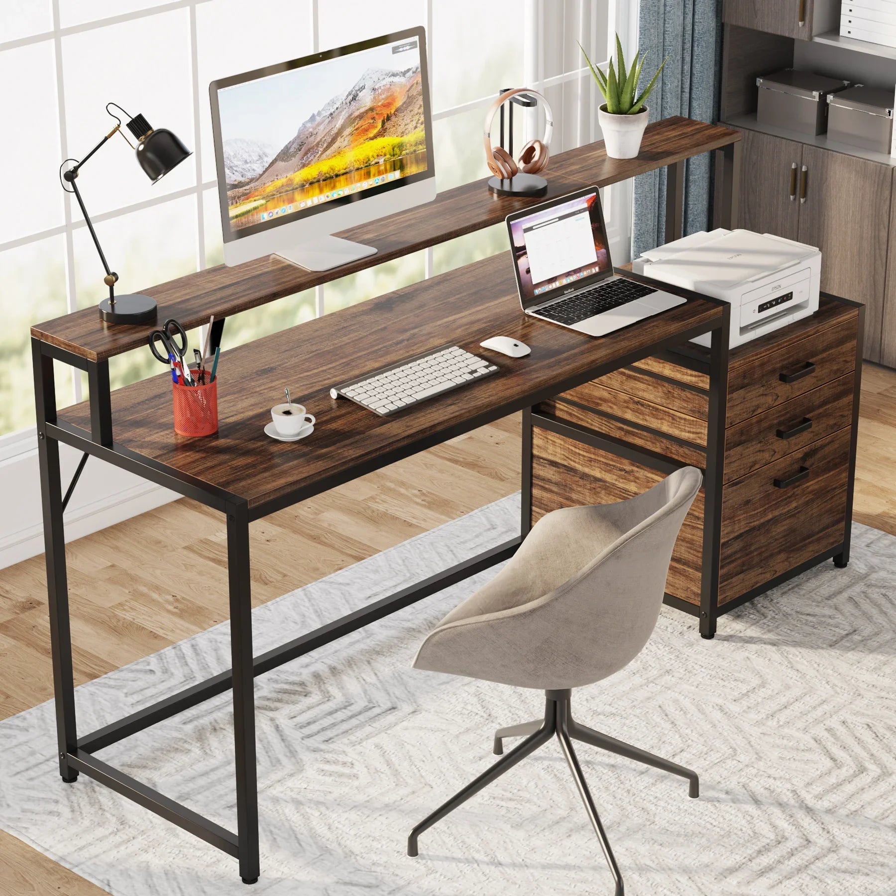 Computerbureau – Bureau – Werkplek – Bureau Met Opbergruimte – Ergonomisch – Berkenhout Met Metalen Frame – Verhoogde Monitorstandaard - 160 x 50 x 90 cm - Bruin - QUORE
