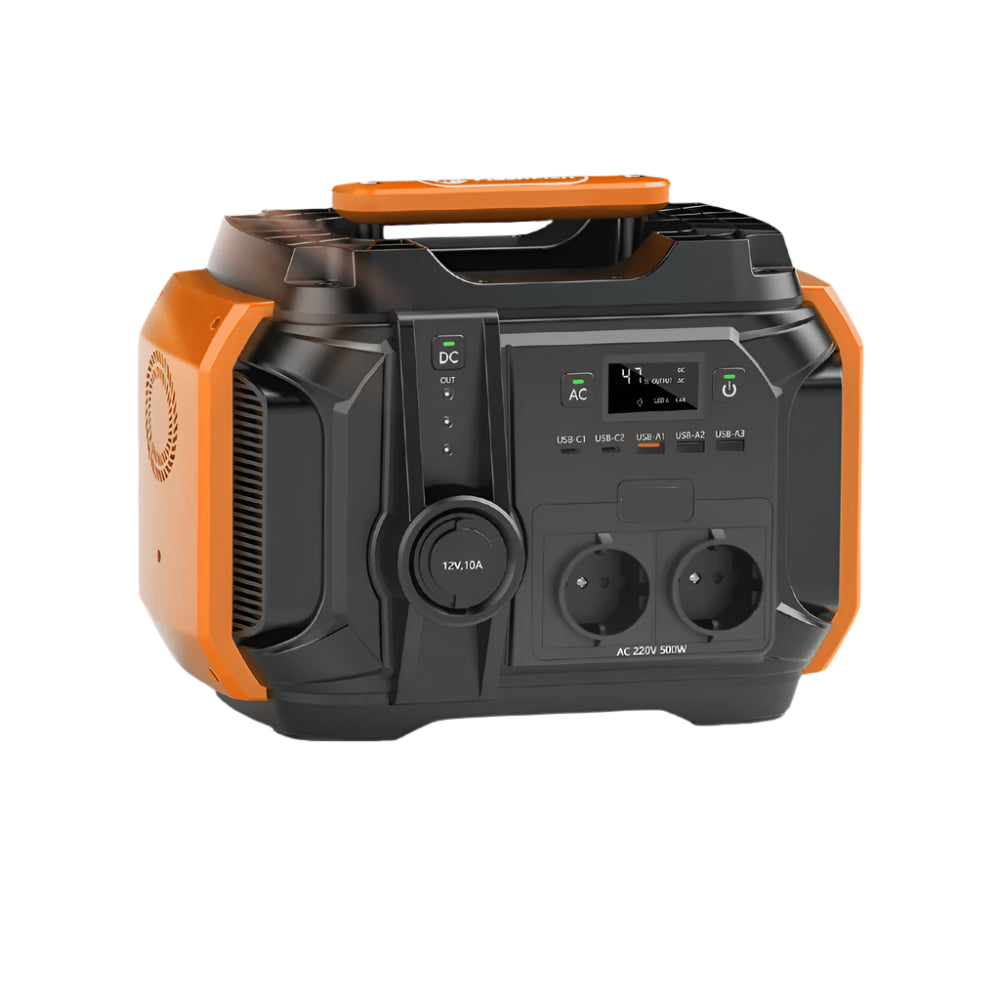 Powerstation - Stroomgenerator - Mini-Generator - Draagbare - Krachtcentrale - met Paneel - voor Thuis - Tenten - Buiten - Kamperen - 540Wh - 500W - AC 230V - 120W DC - Zwart/Oranje