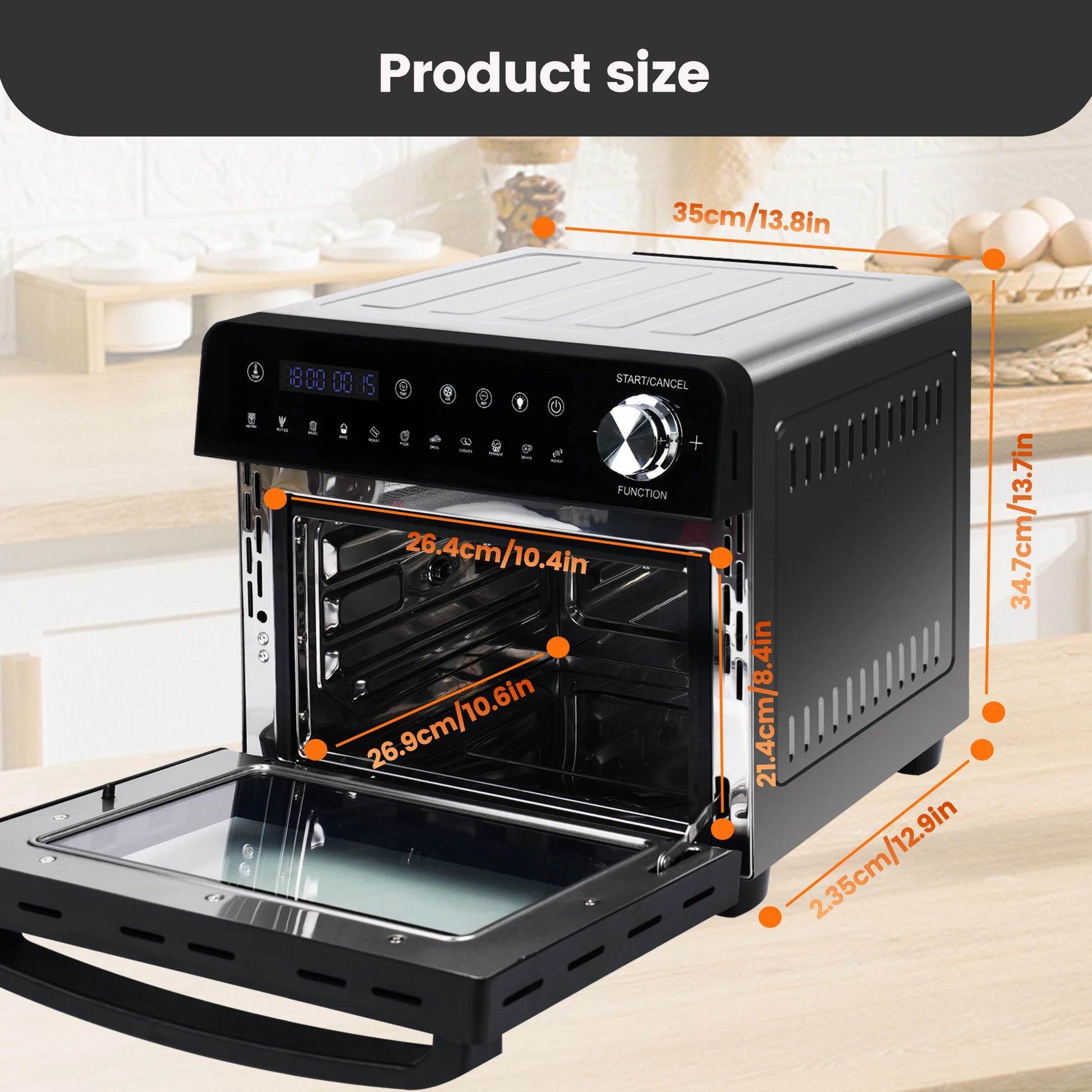 Heteluchtfriteuse - 14L – Mini Oven - 1800W - 240V - XXL - 11 Programma’s – LED Touchscreen - 14L capaciteit - Inclusief Rotisserie - en Accessoires - QUORE