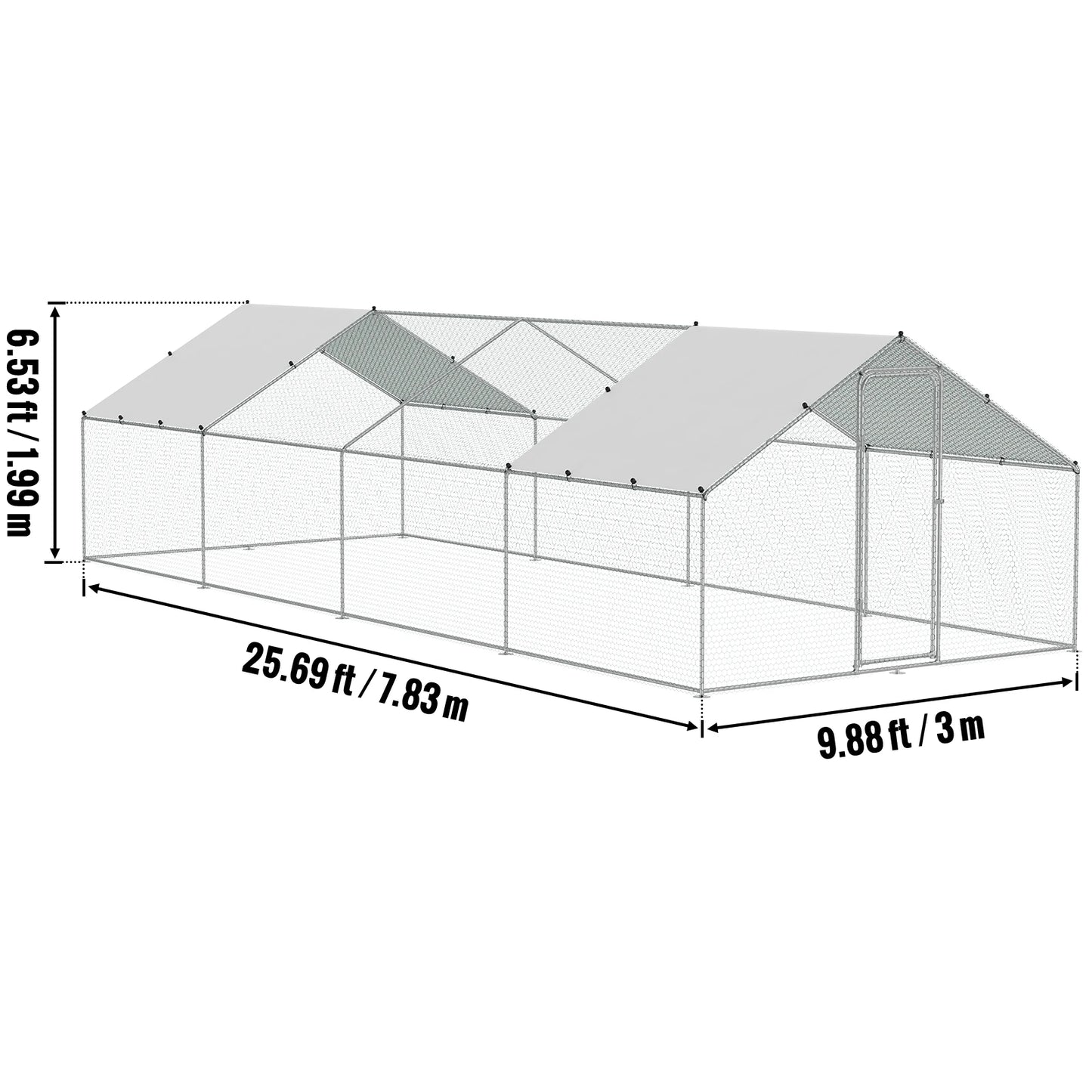 Kippenren - Kippenhokken - Kippenhok - Inloop Kippenren - Grote Metalen - 8x3x2m - met Dak - Spitsontwerp - Weerbestendige - Kippenkooi - Verzinkt Stalen Frame - met PE Net - voor Tuin - Boerderij - Eenden - Konijnen & Pluimvee
