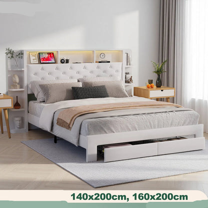 Bed – Slaapbed – Ledikant – Opbergbed – Velvet Bekleding – USB Oplaadpoort – Verstelbare Ledverlichting