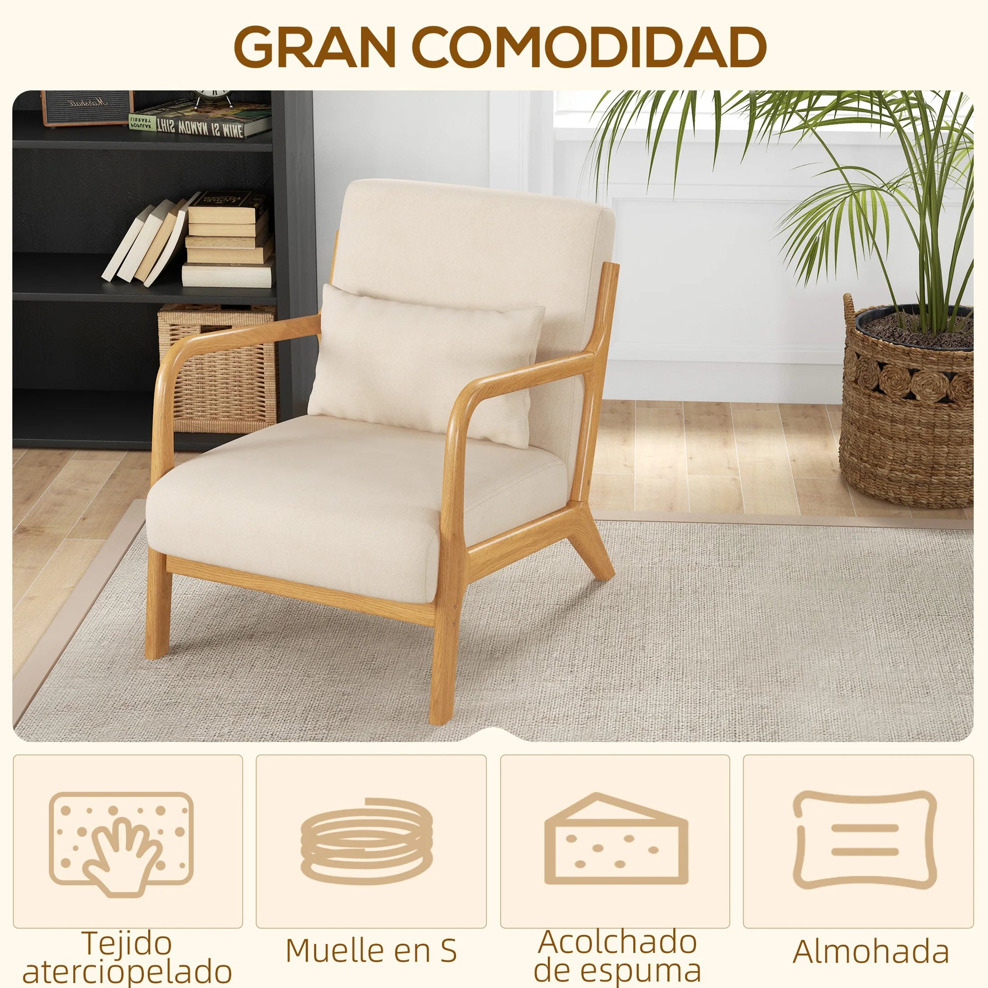Ligstoel - Tuinstoel - Lounge Fauteuil - Tuinmeubel - Ligstoelen Buiten - Binnen - met Kussen - voor Woonkamer - Slaapkamer - Thuis - Noords Stijl - Stevig - Duurzam - Eenvoudig te Monteren - Massief Hout - 61 x 71 x 76 cm - Beige - QUORE