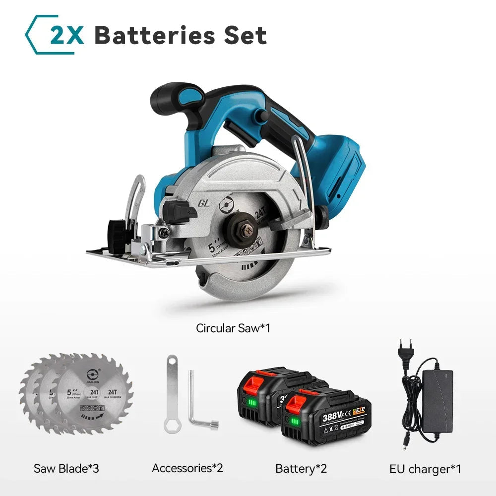 Accu Cirkelzaag - 125 mm Zaagblad - Handcirkelzaag - 0-45° Verstekzaag - Brushless Motor - Voor Hout - PVC - en Tegels - 10800RPM - 2 Accu's met 1 Lader