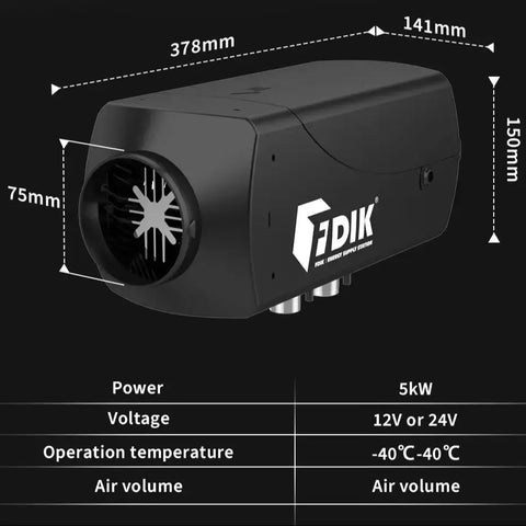 Fdik - Dieselverwarmer - Elektrische Kachel - Elektrische Verwarming - 24V - 5000W - Draaischakelaar - Alles in één Luchtverwarmer - Geluiddemper - voor Autotrucks Camper - Zwart