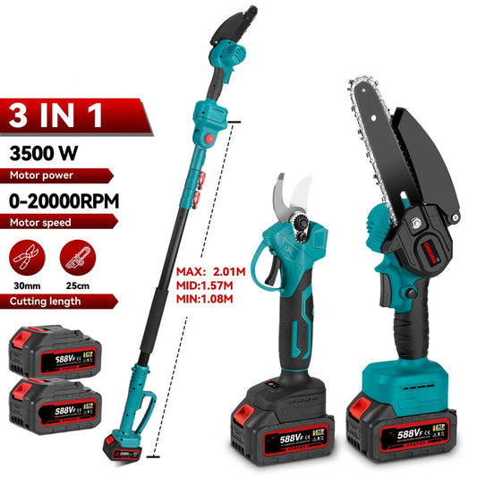 2-in-1 Snoeigereedschap - Accu Kettingzaag - Telescopische Zaag - Draadloze - 3500W - Lichtgewicht - Tuingereedschap - 2 Accu