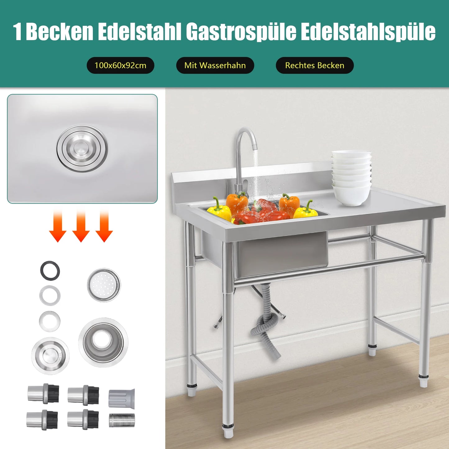 Vrijstaande Spoeltafel – RVS Spoelbak – Horeca Wasbak – Professionele Spoeltafel – 201 Roestvrij Staal – Verstelbare Poten