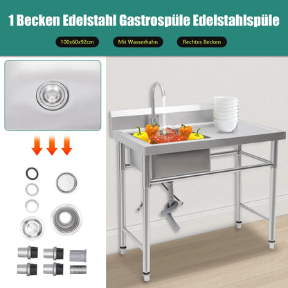 Vrijstaande Spoeltafel – RVS Spoelbak – Horeca Wasbak – Professionele Spoeltafel – 201 Roestvrij Staal – Verstelbare Poten