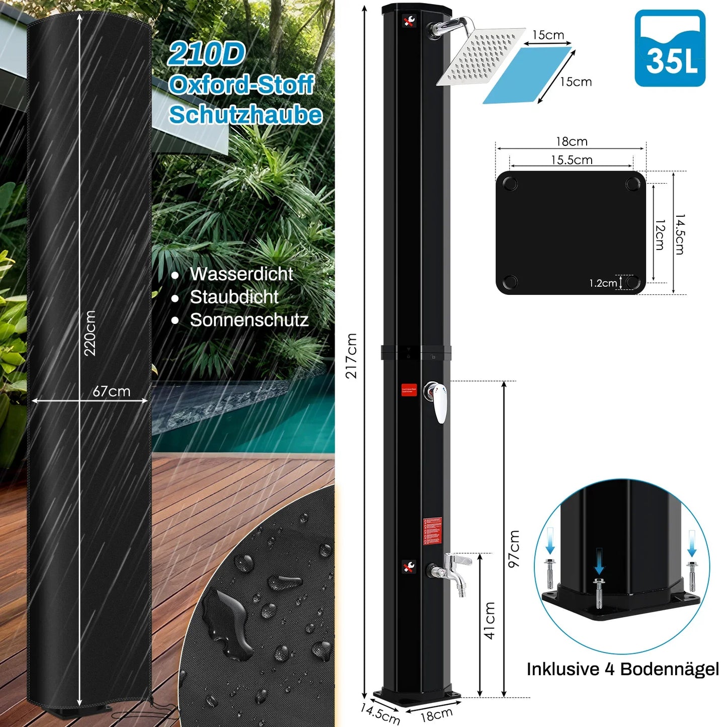 Solar Douche - Douchekraan - Douchepaneel - Camping Douche - Zonnedouche -  35L Solar Shower Kolom – Tuin en Strand Buiten Douche, Koud & Warm Water, Waterproof, Voor Zwembad en Tuin – Zwart - QUORE