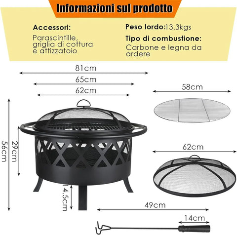 Vuurkorf - 3 in 1 - Tuin Buiten Patio Heater - met houtprikker, gaasdeksel - Staal - Barbecue Grill - Terrashaard voor Sfeervolle en Gezellige Avonden met Vrienden en Familie - Zwart - QUORE